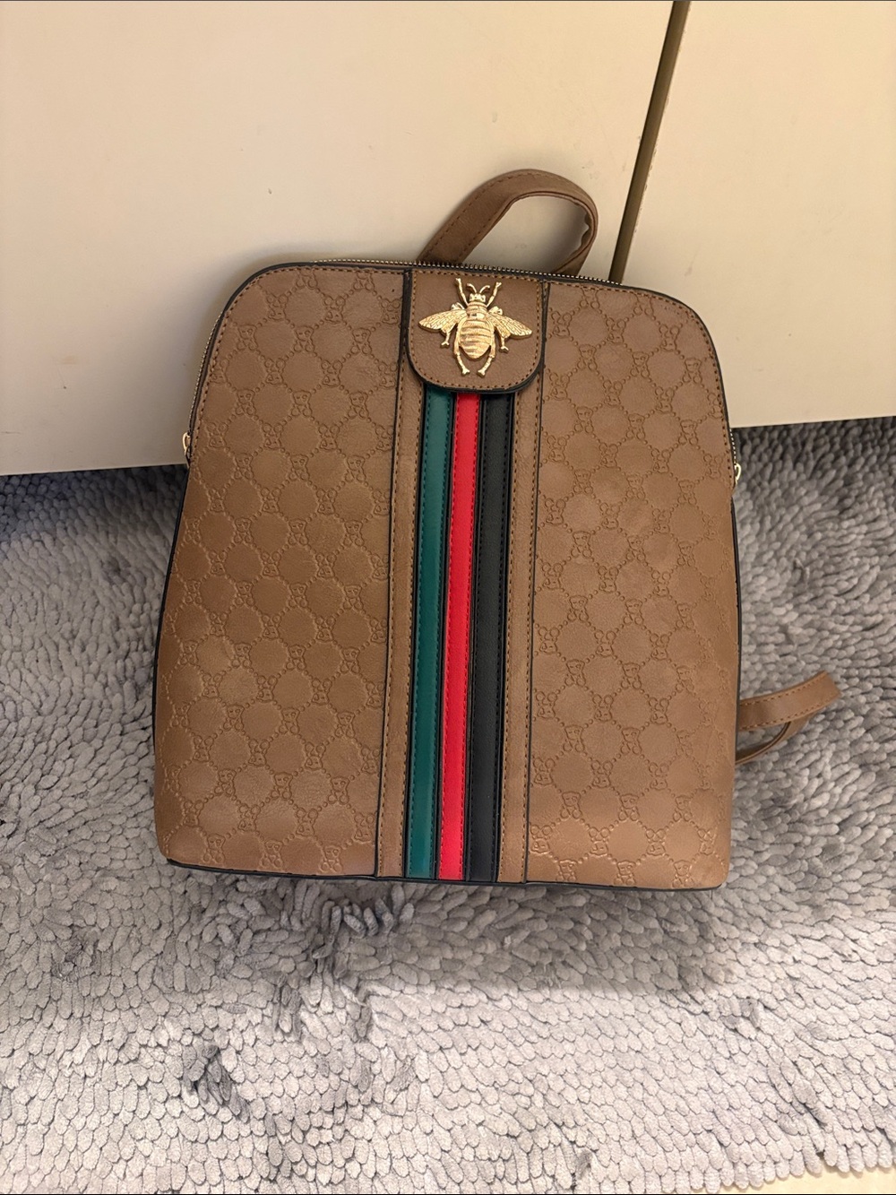 Brown Monogram Bee Backpack with Red & Green Stripe